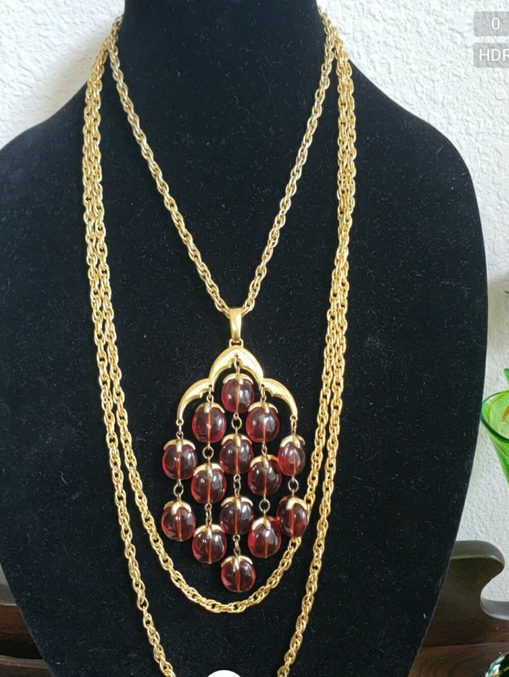 Trifari Gold-Tone Necklace with Deep Red Bead Pendant